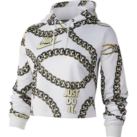 NWT Nike White Icon Clash Cropped Oversized Chain Print Hoodie - Picture 4 of 5